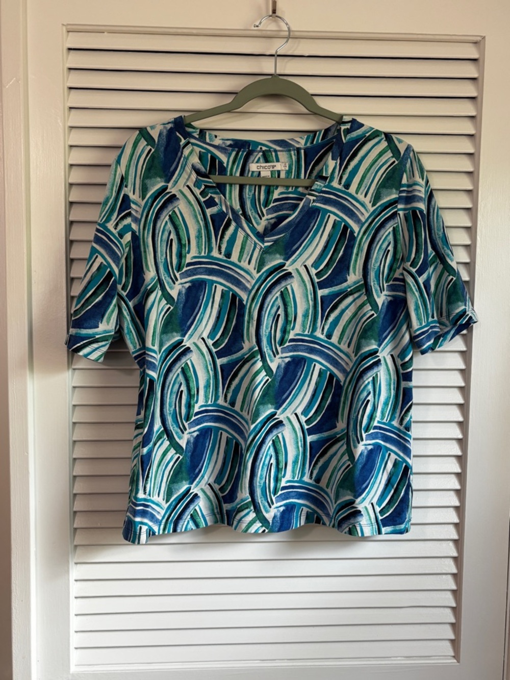 Chico's Teal Blue & White Abstract Curve V-Neck Tunic